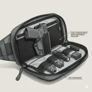 Interior view of a padded CCW compartment with a universal holster inside a professional concealed carry sling bag.