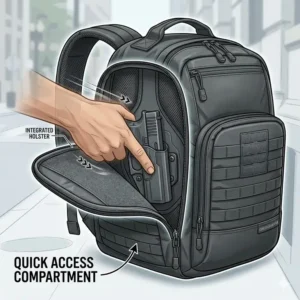 2. Close-up of a rear-entry compartment on a concealed weapon backpack for rapid firearm deployment.