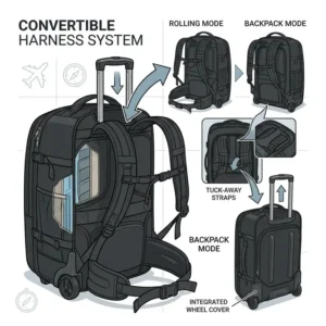 Technical drawing showing how the shoulder straps of the luggage backpack combo can be tucked away.