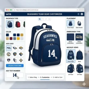 Online design tool interface showing how to create custom team backpacks with a team logo.