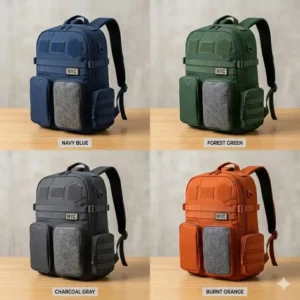 A grid showing a customisable backpack in various colors including navy blue, forest green, and charcoal gray.
