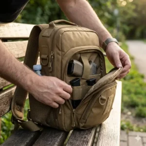 Close-up of a tan tactical sling bag with a dedicated compartment for ccw bags for men.