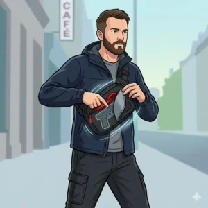 Illustration showing a dedicated rapid-access pocket on a concealed carry bag with a pull-tab for fast deployment.