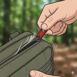 Close-up illustration showing the rapid-access pull tab on a concealed carry chest bag.