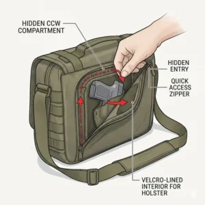 Detailed view of the hidden rear compartment in a concealed carry messenger bag for firearm storage.