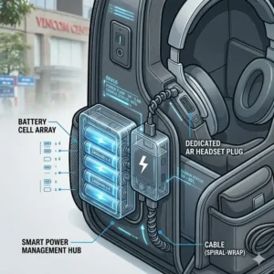 Close-up illustration of the internal battery system and external charging ports on an ar backpack.