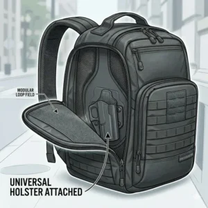 3. Interior view of a concealed weapon backpack featuring a universal holster and modular loop lining.