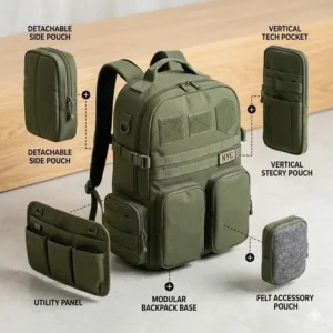 Illustration of a customisable backpack with detachable front pockets and side pouches to show modularity.