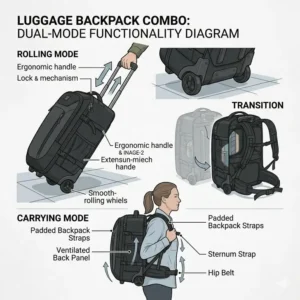 Detailed internal view of the compartments and laptop sleeve inside a luggage backpack combo.