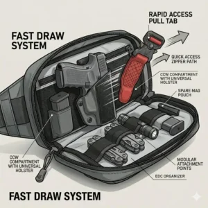 Close-up of a rapid access pull tab on a tactical sling bag designed for a fast and secure firearm draw.