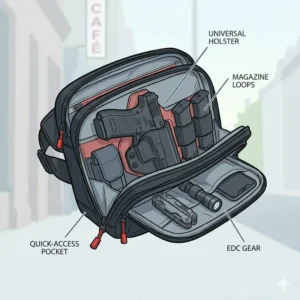 Top-down view illustration of the best concealed carry bag showing a built-in universal holster and magazine loops.
