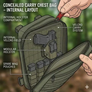 Diagram of the internal velcro holster compartment inside a concealed carry chest pack.