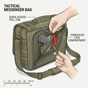Illustration of a rapid-deployment pull tab on a tactical concealed carry messenger bag.