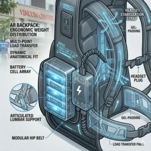 Diagram showing the ergonomic strap design of an ar backpack to support heavy wearable tech gear.