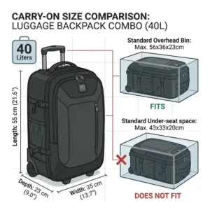 Size comparison diagram showing a luggage backpack combo fitting into an airplane overhead bin.