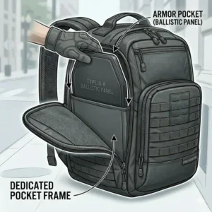 4. Illustration showing a ballistic plate being inserted into a dedicated armor pocket of a concealed weapon backpack.