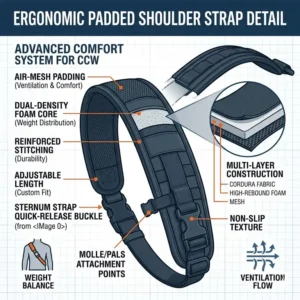 Detailed view of a reinforced, padded adjustable shoulder strap on a tactical concealed carry sling pack for comfortable daily carry.