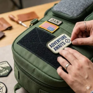 Close-up illustration of the velcro area on a customisable backpack for adding personalized name patches or logos.