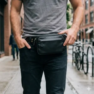 A premium black leather waist pack designed as discreet ccw bags for men for everyday carry.
