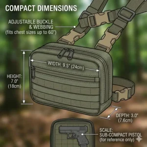 Illustration showing the compact dimensions and adjustable straps of a tactical chest bag.