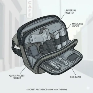 A side-by-side comparison of a standard messenger bag and a concealed carry bag to show the non-tactical, discreet exterior.