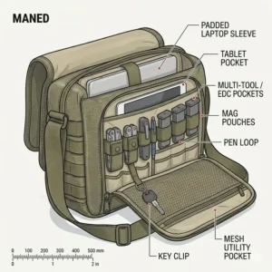 Interior view showing organized pockets and EDC gear inside a concealed carry messenger bag.
