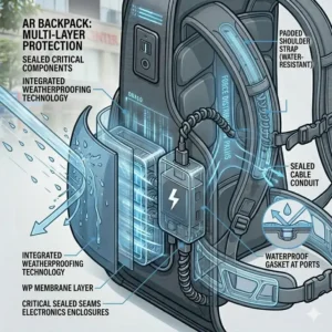 An ar backpack with water-resistant fabric protecting sensitive electronic components from rain.