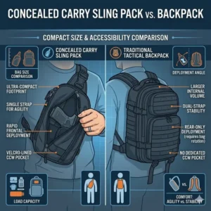 An infographic comparing the compact size and accessibility of a concealed carry sling pack versus a traditional tactical backpack.