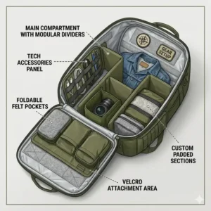 Top-down view of a customisable backpack interior featuring adjustable padded dividers for tech gear and personal items.