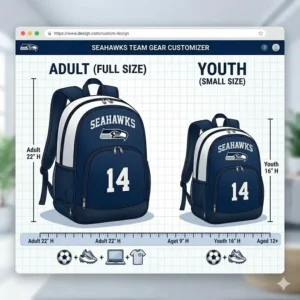 Comparison chart showing the different sizes available for youth and adult custom team backpacks.