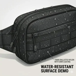 Water droplets beading on the 1000D ballistic nylon surface of a durable water-resistant concealed carry sling bag.