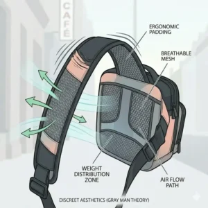Diagram of padded shoulder straps and breathable back mesh on a high-quality concealed carry bag for all-day comfort.