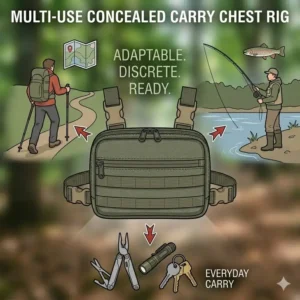 Digital rendering of a concealed carry chest bag used for hiking, fishing, and everyday carry.