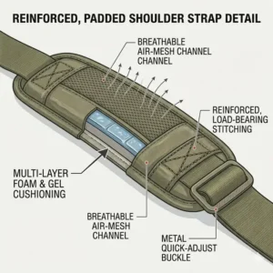 Close-up of the reinforced and padded shoulder strap of a durable concealed carry messenger bag.