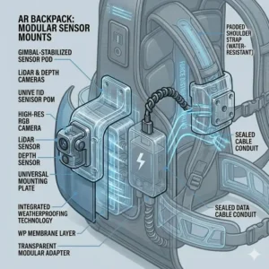 Illustration of external mounting points on an ar backpack for cameras and spatial sensors.