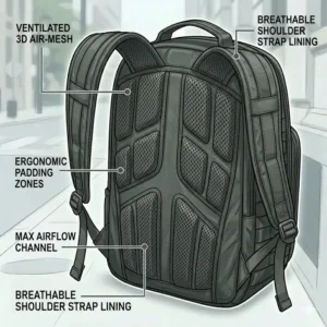 6. Detailed view of the mesh ventilated back padding on a concealed weapon backpack for all-day comfort.