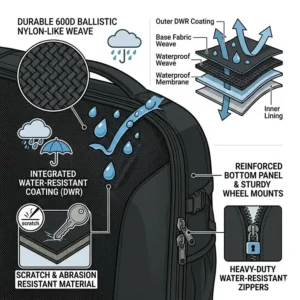 Close-up illustration of the water-resistant and scratch-resistant fabric used in this luggage backpack combo.
