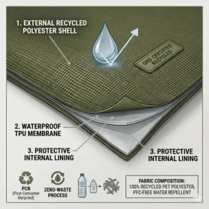 Close-up technical illustration of the water-resistant recycled fabric used in the customisable backpack construction.