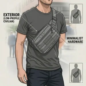 A man wearing a low-profile, non-tactical sling bag that provides discreet concealed carry functionality in public spaces.