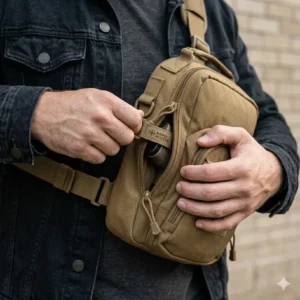 Demonstration of the rapid-access pull tab on specialized ccw bags for men for fast deployment.