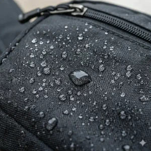 Water droplets beading on the 1000D ballistic nylon surface of a durable concealed carry sling pack.