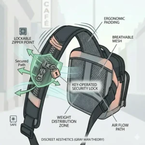 Close-up illustration of heavy-duty lockable zippers on a concealed carry bag to prevent unauthorized access.