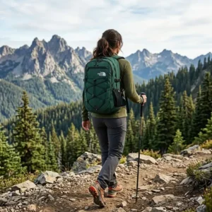 A traveler on a mountain path wearing a durable green the north face backpack.