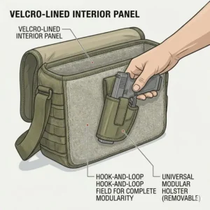 Hook-and-loop interior panel for holster attachment inside a concealed carry messenger bag.