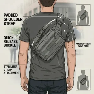 Detailed view of an adjustable ambidextrous shoulder strap system on a versatile concealed carry sling bag.