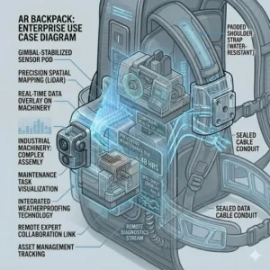 A technician wearing an ar backpack while performing a digital overlay inspection in a warehouse.
