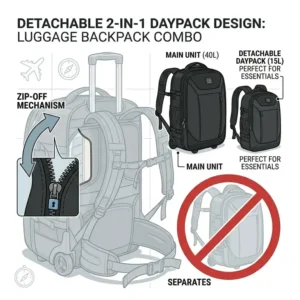 Diagram showing the zip-off detachable daypack feature of the main luggage backpack combo.