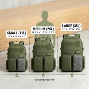 A side-by-side size comparison illustration of the customisable backpack in small, medium, and large capacities.