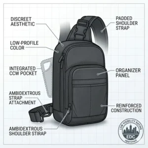 A low-profile gray concealed carry sling pack that looks like a standard commuter bag for discreet everyday carry.