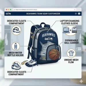 Illustration of the large storage capacity and compartments inside custom team backpacks.